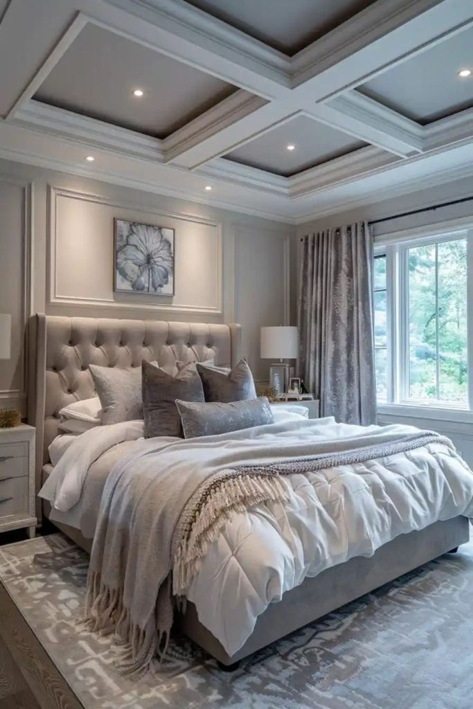 Platinum grey luxurious penthouse bedroom design.