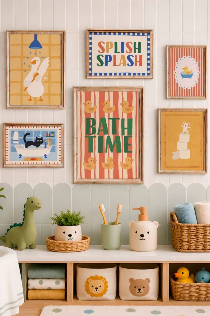 Playful kids bathroom gallery artwork