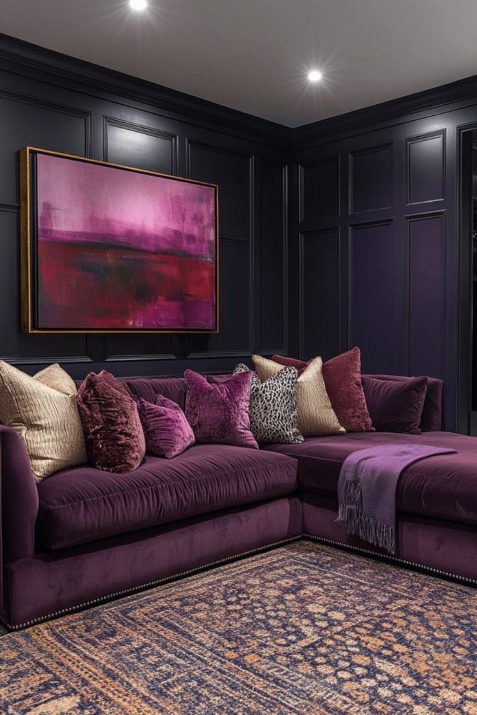 Plush velvet lounge with cosy accents.
