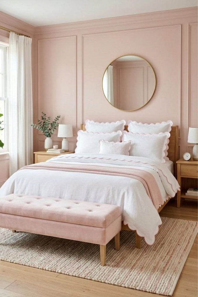 Powder pink grandmillennial bedroom interior.
