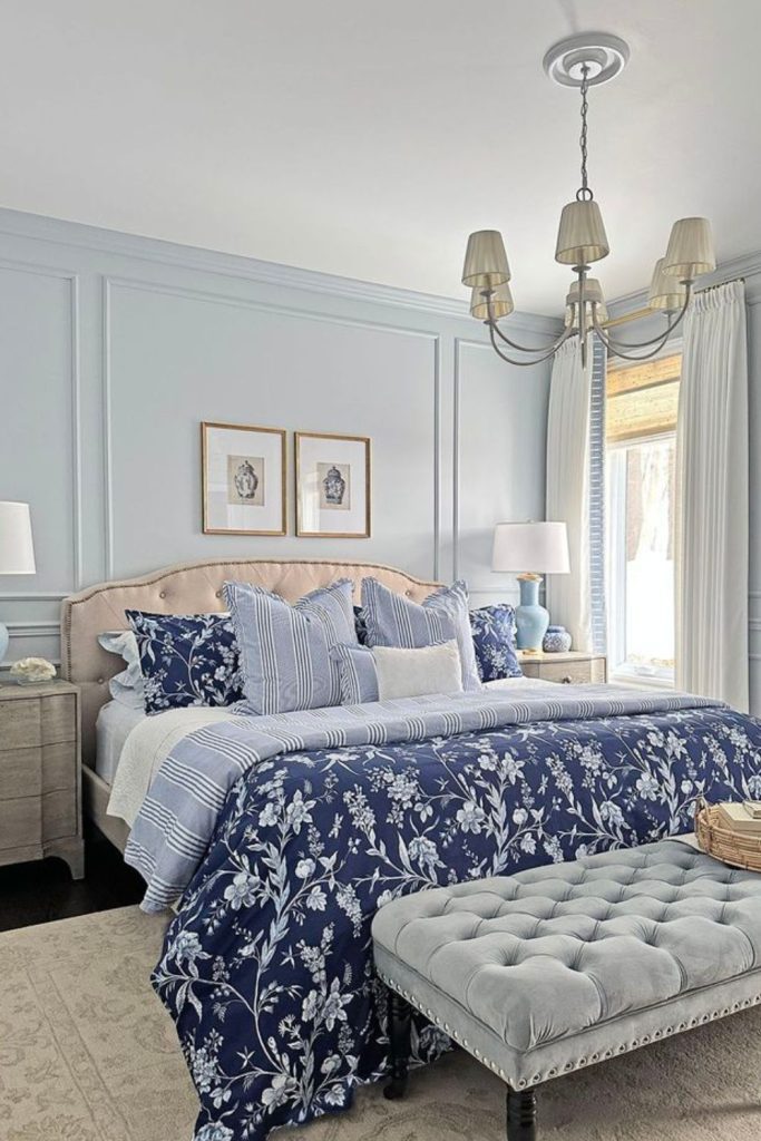 Preppy grandmillennial bedroom retreat.