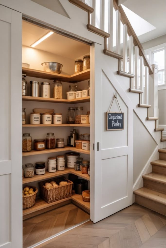 Pull-out pantry beneath staircase storage.