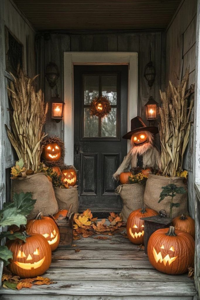 Rustic pumpkin patch Halloween porch display.