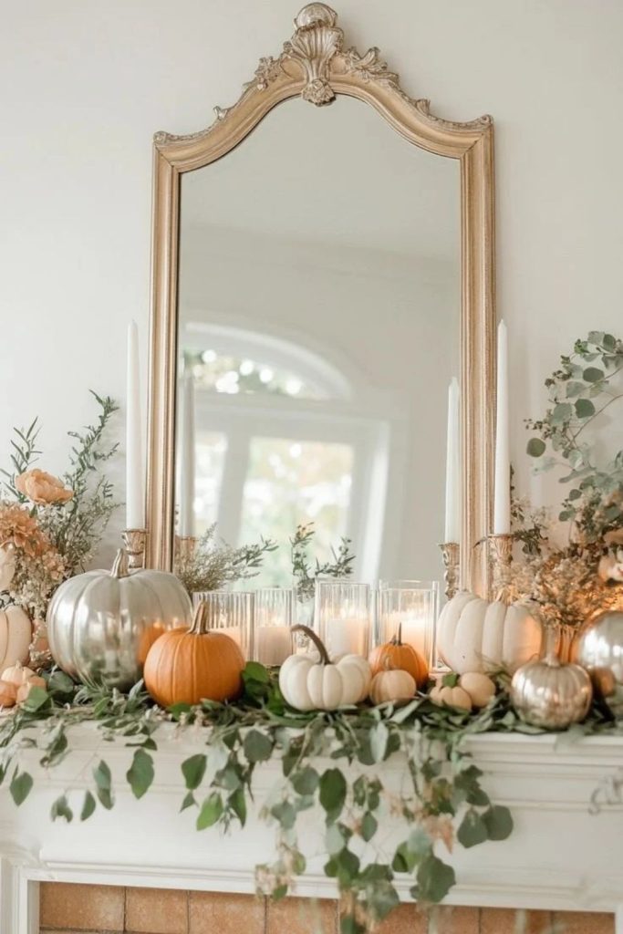 Pumpkin eucalyptus mantel with fresh autumn greenery.