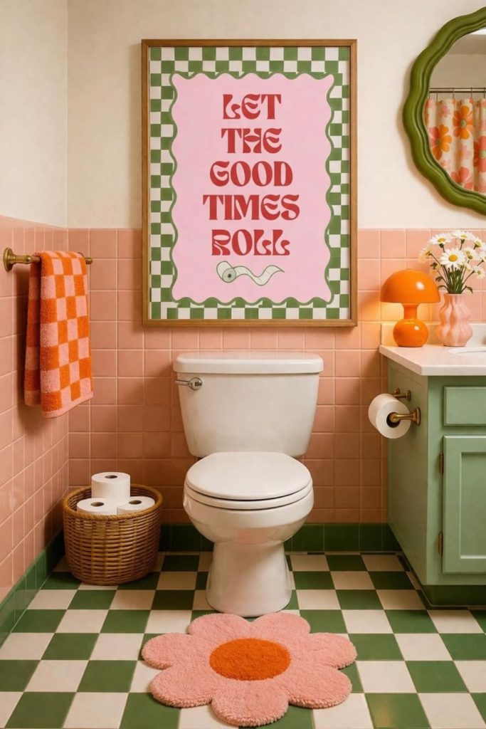 Quirky humorous bathroom gallery wall