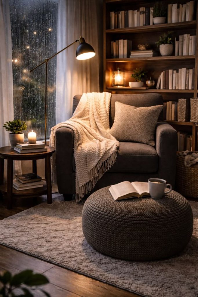 Rainy day cozy reading haven.