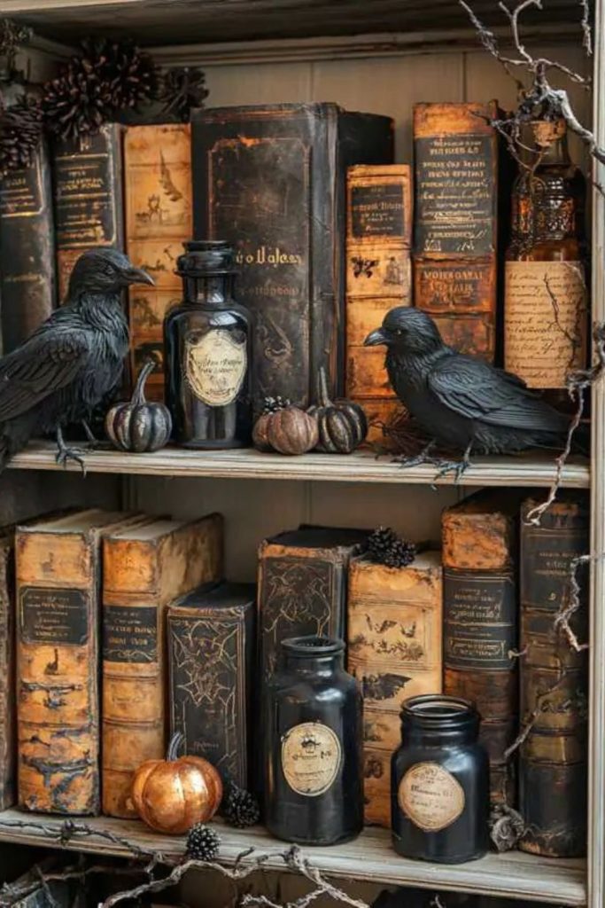 Vintage raven cabinet with antique collectibles.