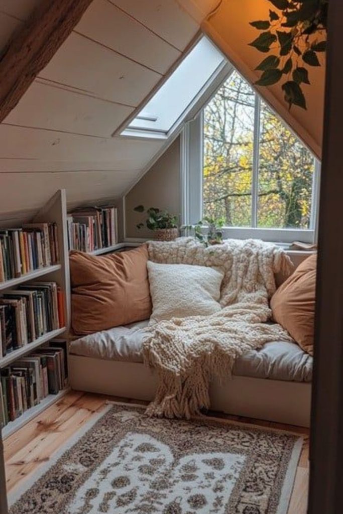 Cozy box room reading nook design.