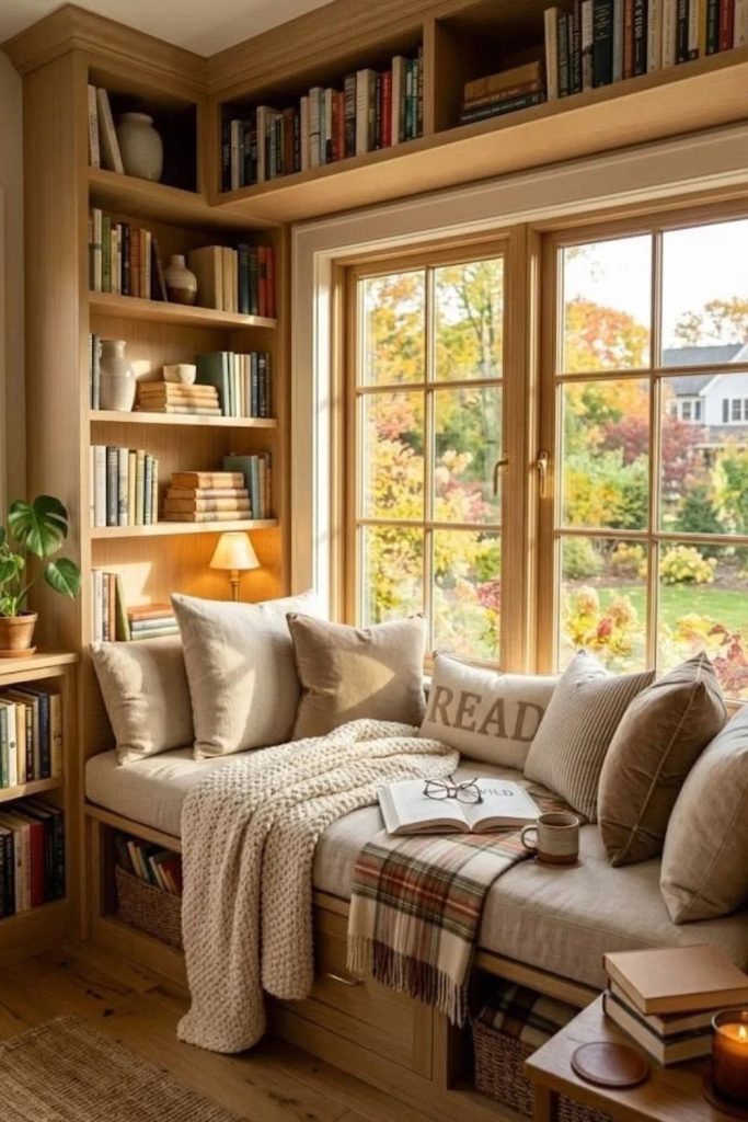 Cozy window seat with bookshelves.