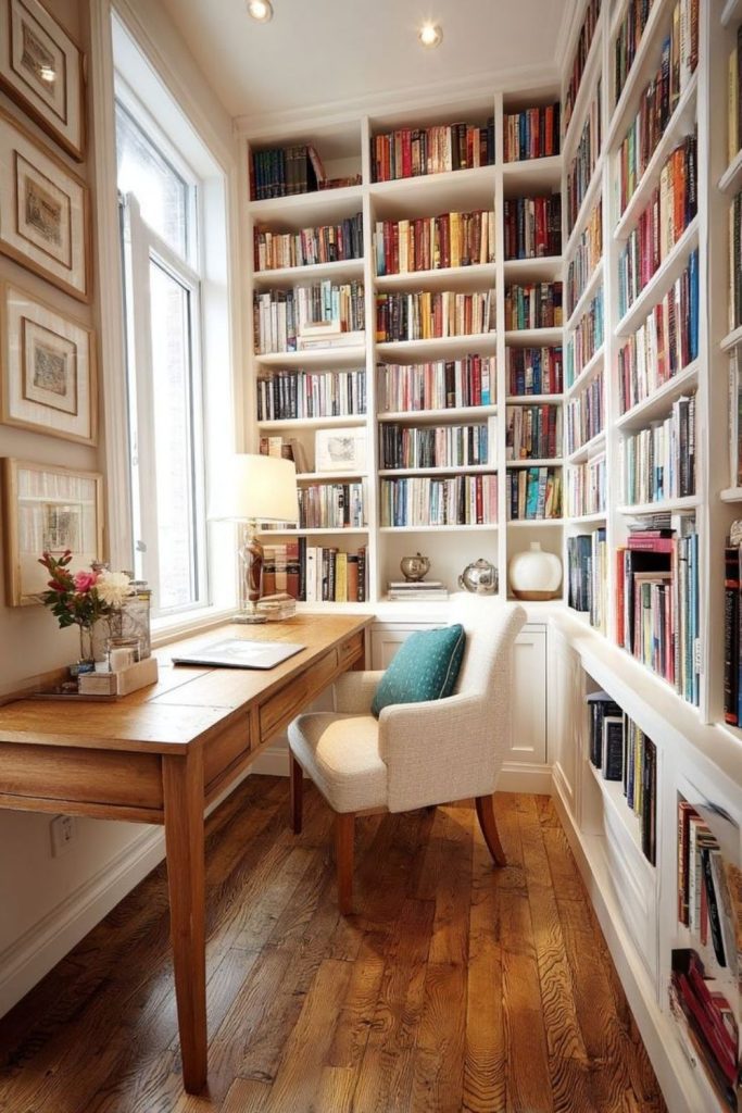 Home library with integrated writing desk.
