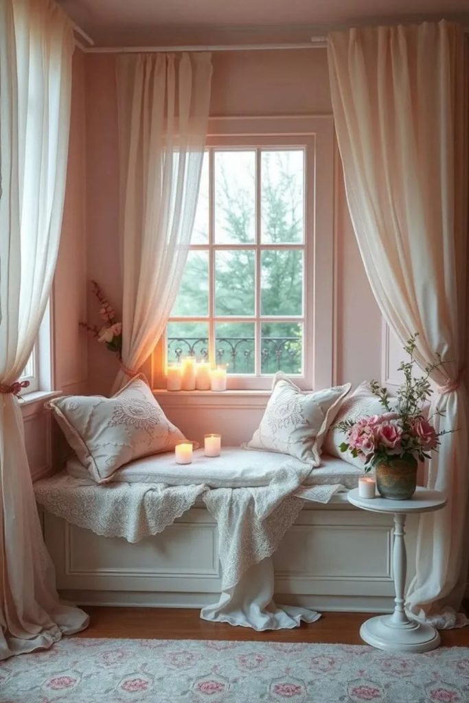 Romantic blush pink window seat.