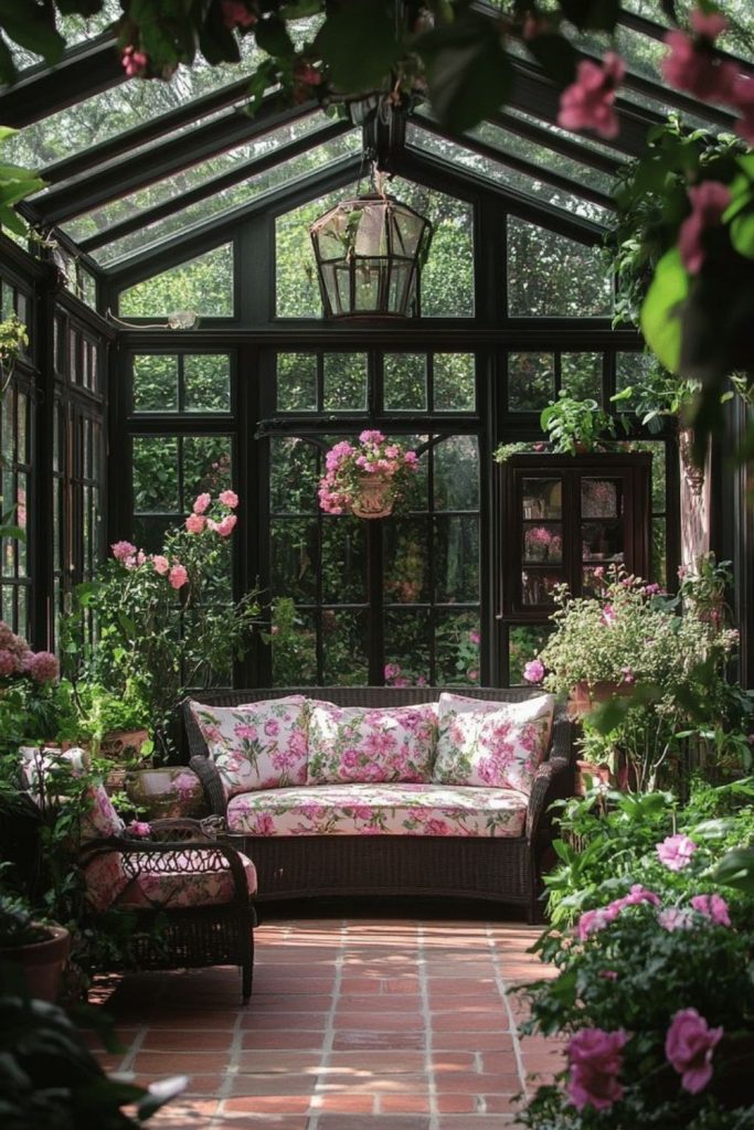 Romantic floral conservatory with pastel decorations.