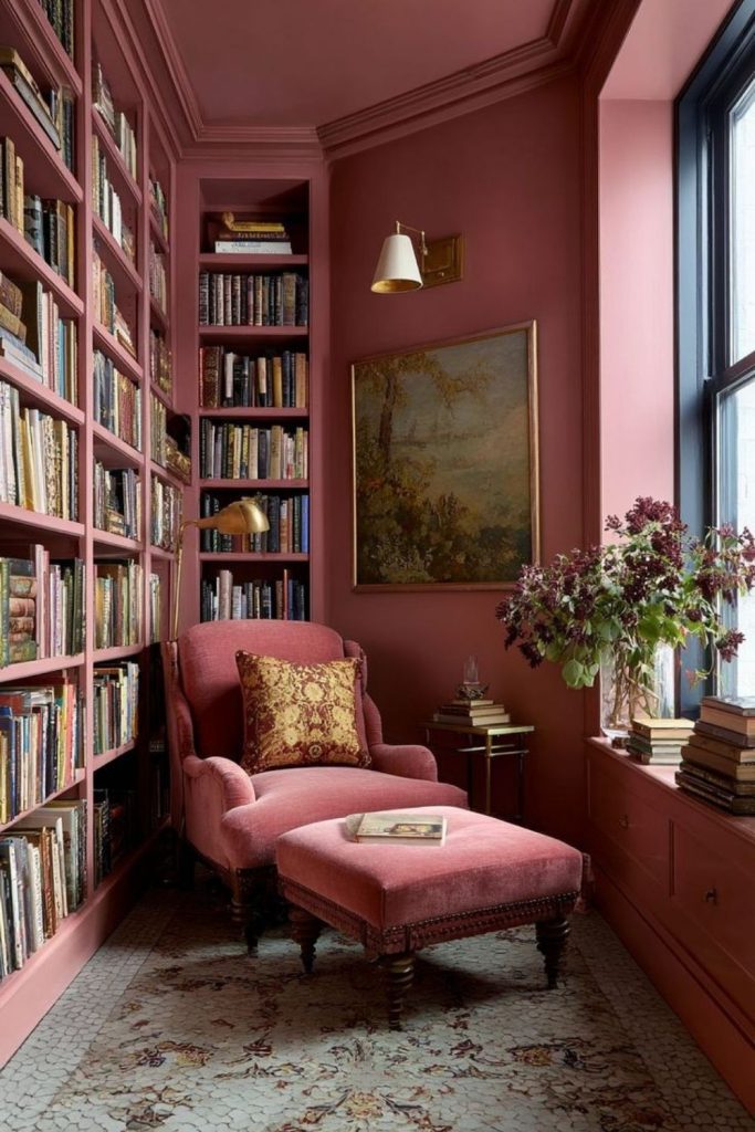 Romantic Parisian library with elegant furniture.