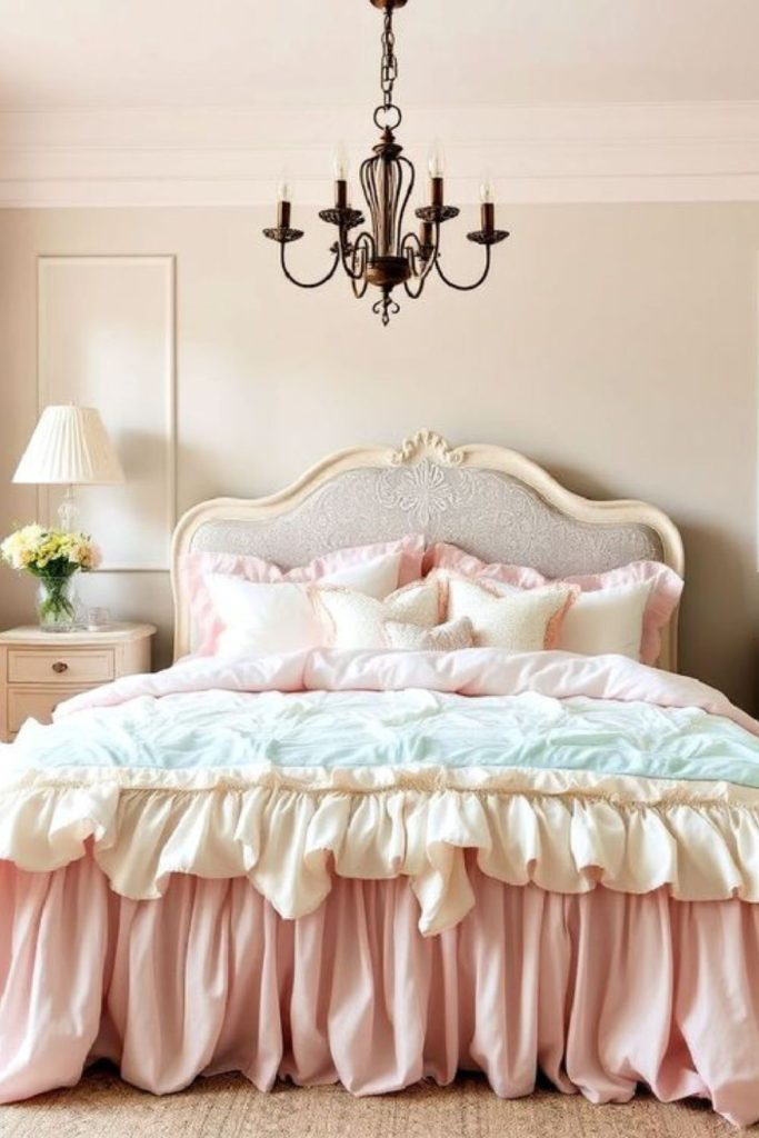 Romantic ruffle grandmillennial bedroom sanctuary.