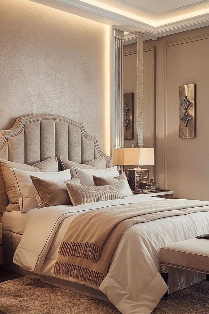 Cashmere upholstered luxury bedroom with warmth.