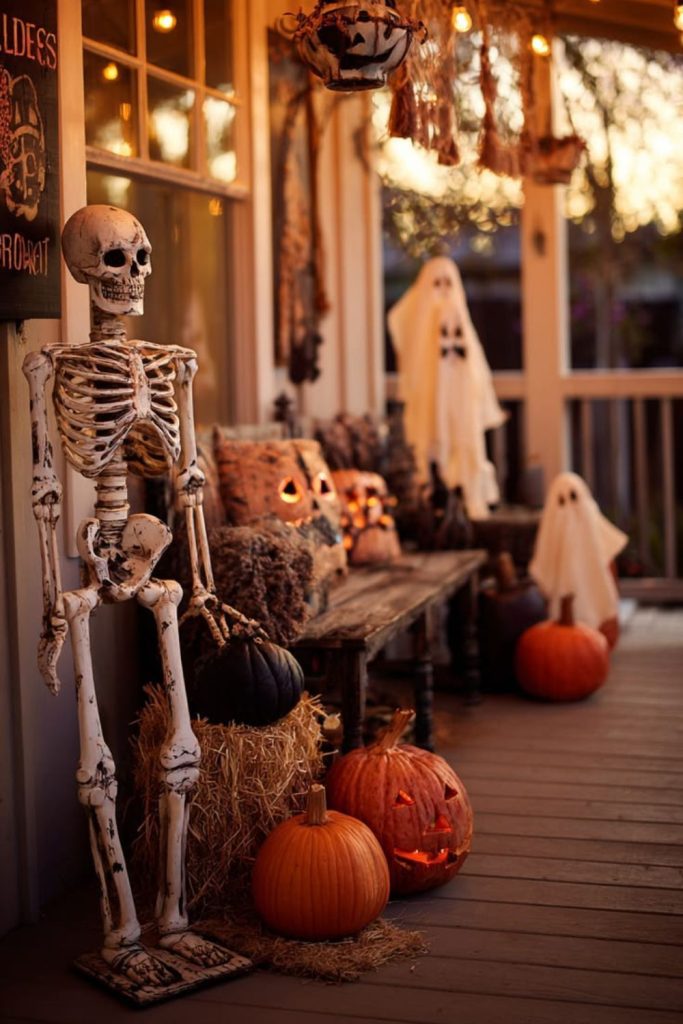 Rustic iron porch with vintage pumpkins.