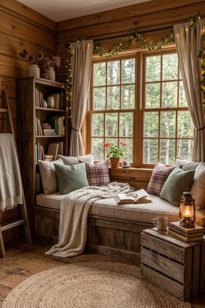 Rustic cabin-inspired cozy window seat.