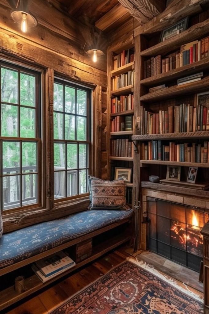 Rustic cabin library with reclaimed wood.