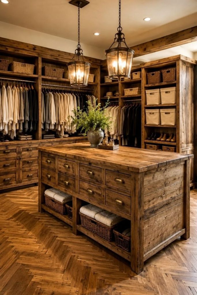 Rustic country-style walk-in wardrobe interior.