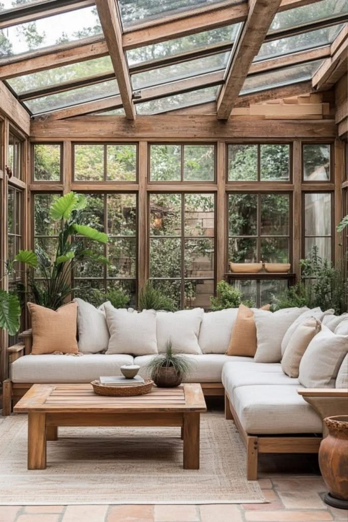 Rustic farmhouse conservatory with wooden furniture.