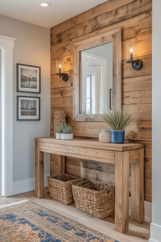 Rustic farmhouse entryway with wooden bench