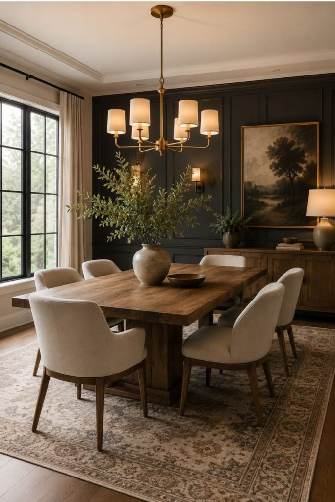 Rustic farmhouse dining room with wood.