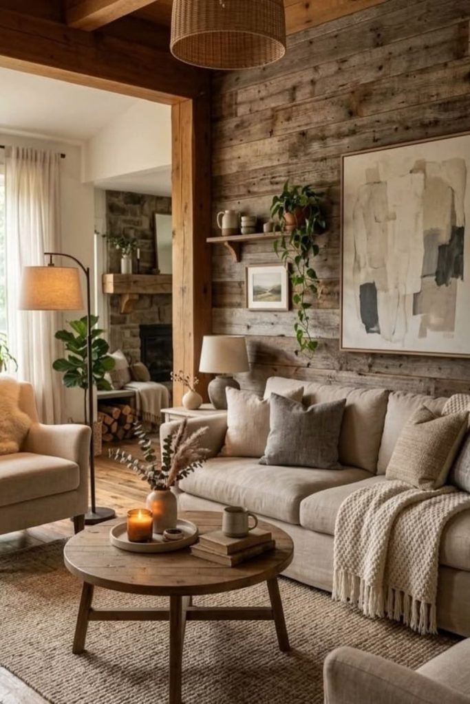 Rustic farmhouse snug with wooden accents.