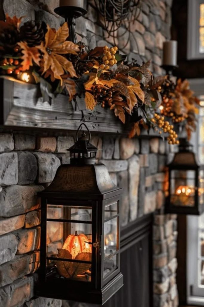 Rustic lantern mantel with pumpkins and foliage.