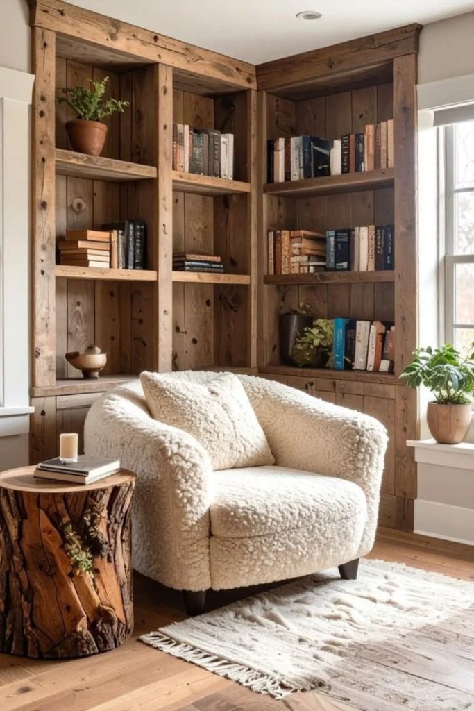 Rustic wooden library reading corner.