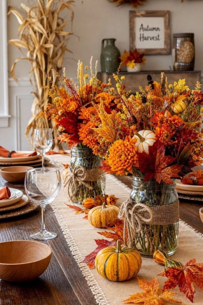 Mason jar Thanksgiving centerpiece arrangement