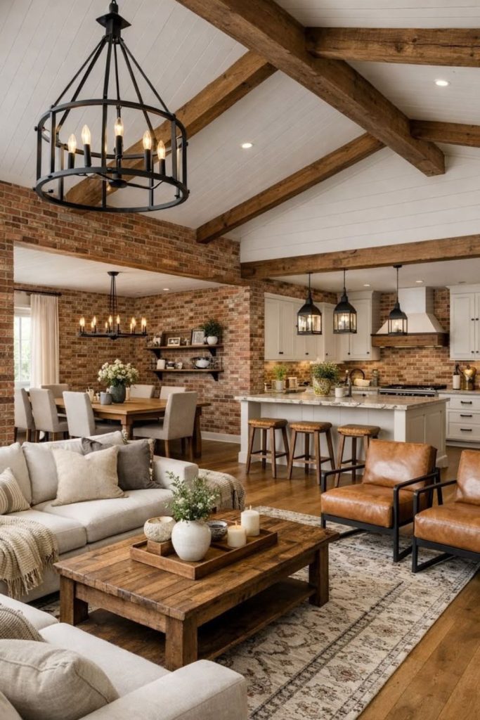 Rustic modern broken plan living room.