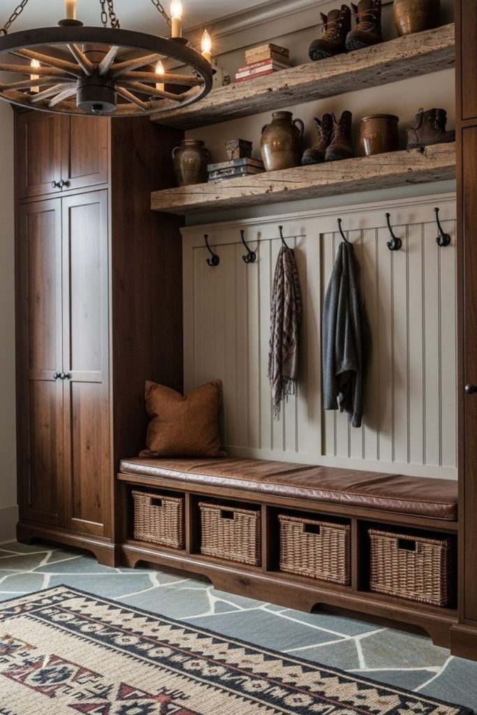 Rustic wooden boot room with storage.