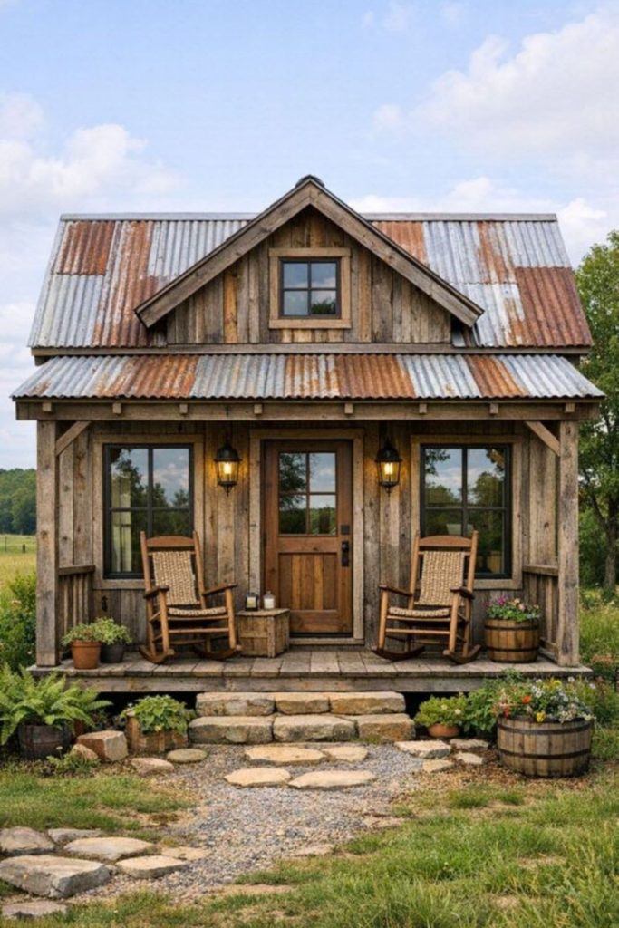 Rustic pallet tiny cabin exterior.
