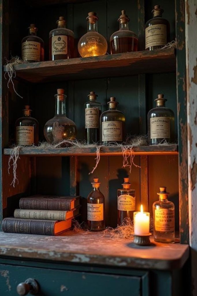 Rustic potion shelf with antique bottles.