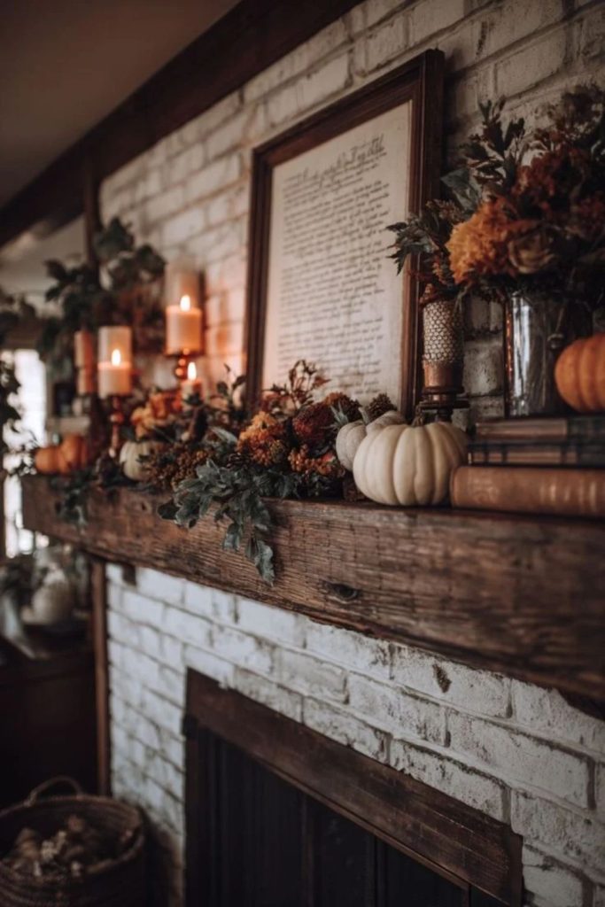Rustic pumpkin harvest mantel with autumn accents.