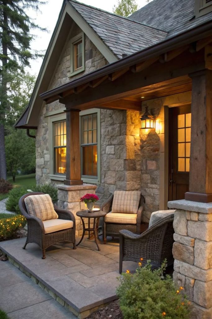 Rustic stone porch house exterior.