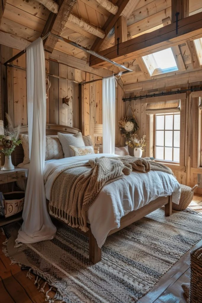 Rustic timber bedroom with cozy textures.