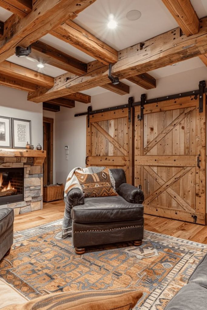 Rustic reclaimed wood basement room