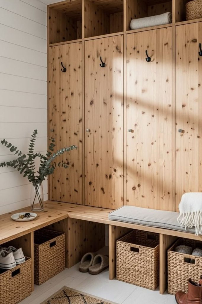 Rustic wood mudroom locker wall