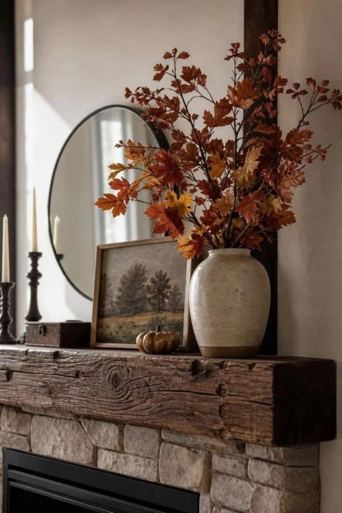 Rustic wood slice mantel with autumn decorations.