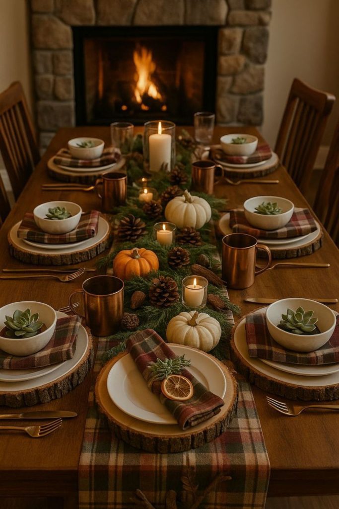 Woodland Thanksgiving table with pumpkins