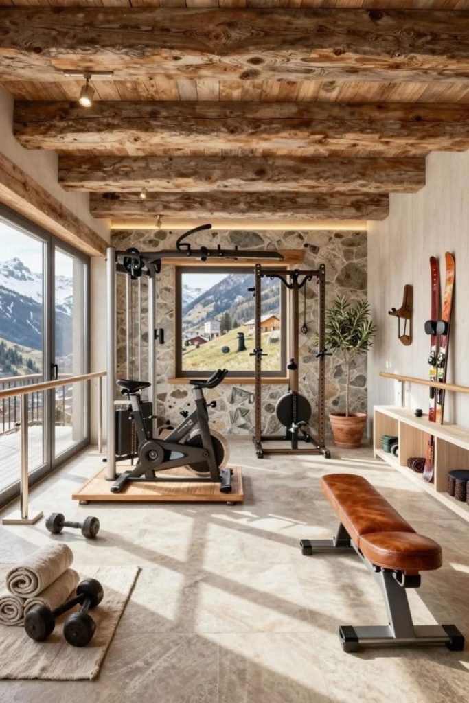 Rustic home workout room design.