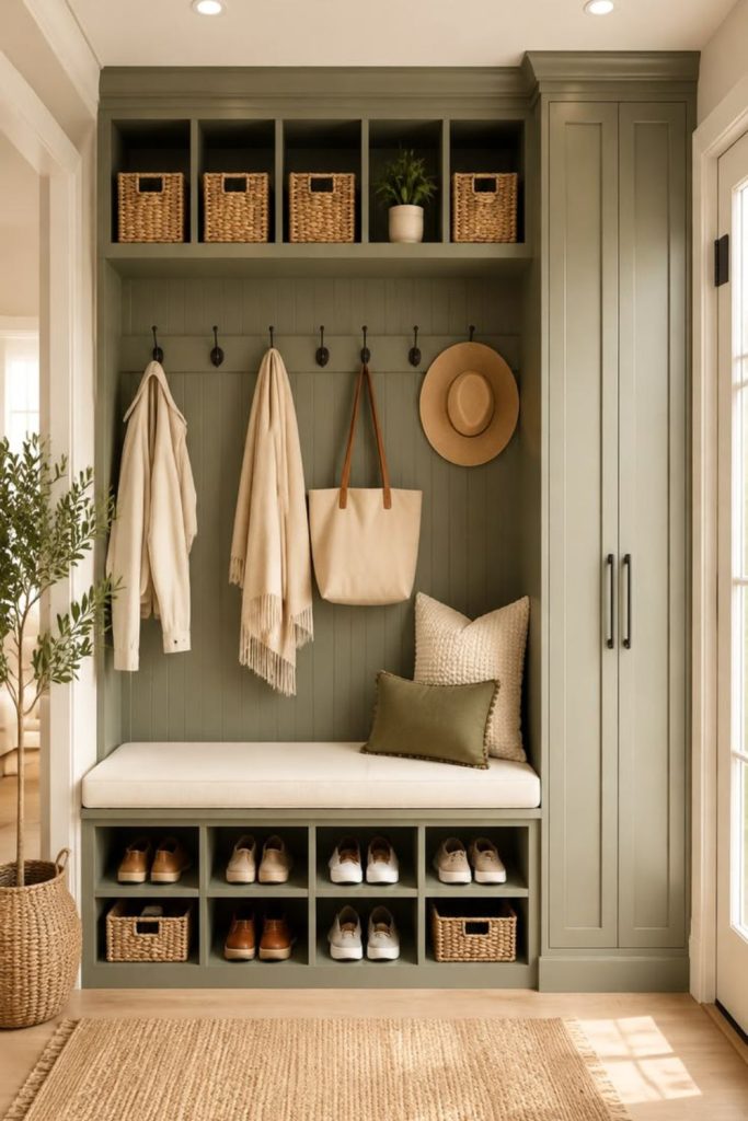 Sage green mudroom with storage