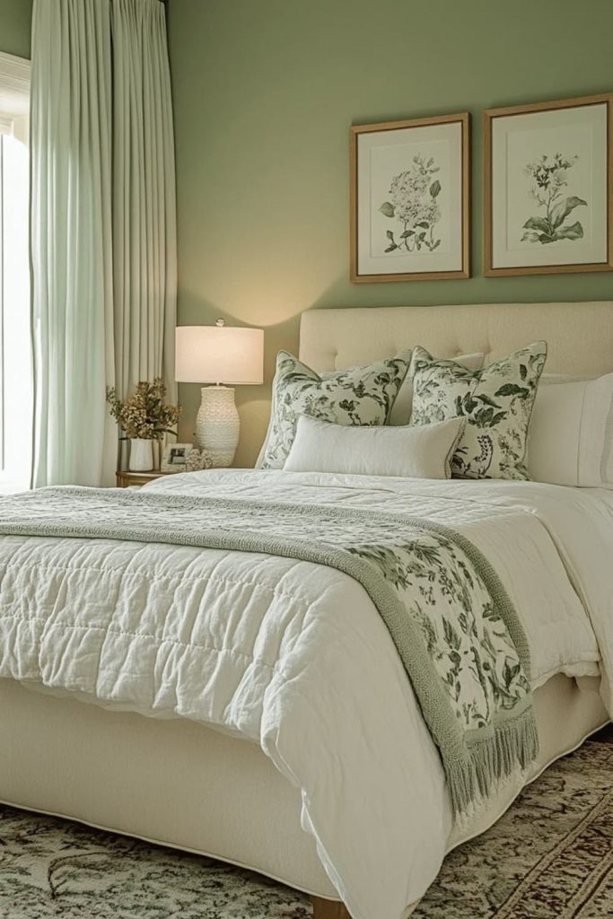 Sage green grandmillennial bedroom.