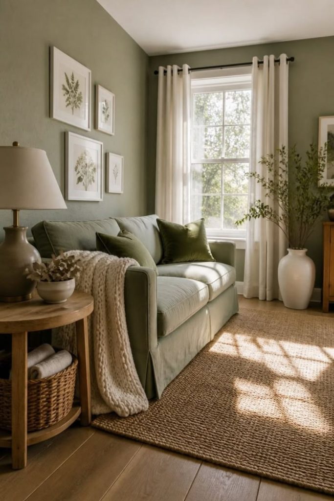 Sage green snug room with natural accents.