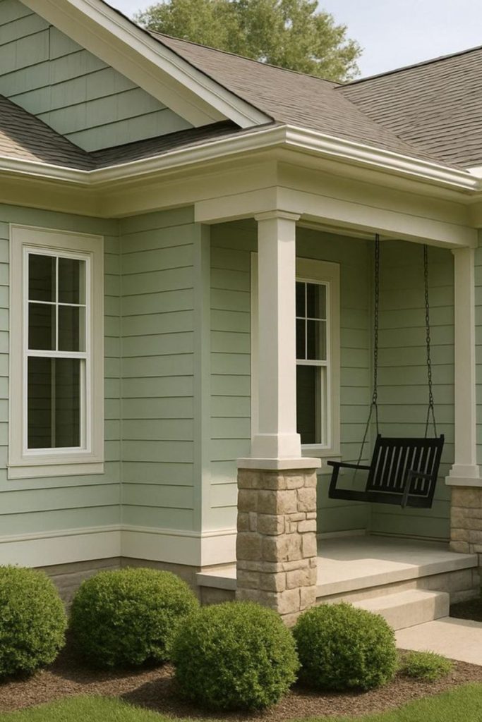 Sage green house with cream accents.