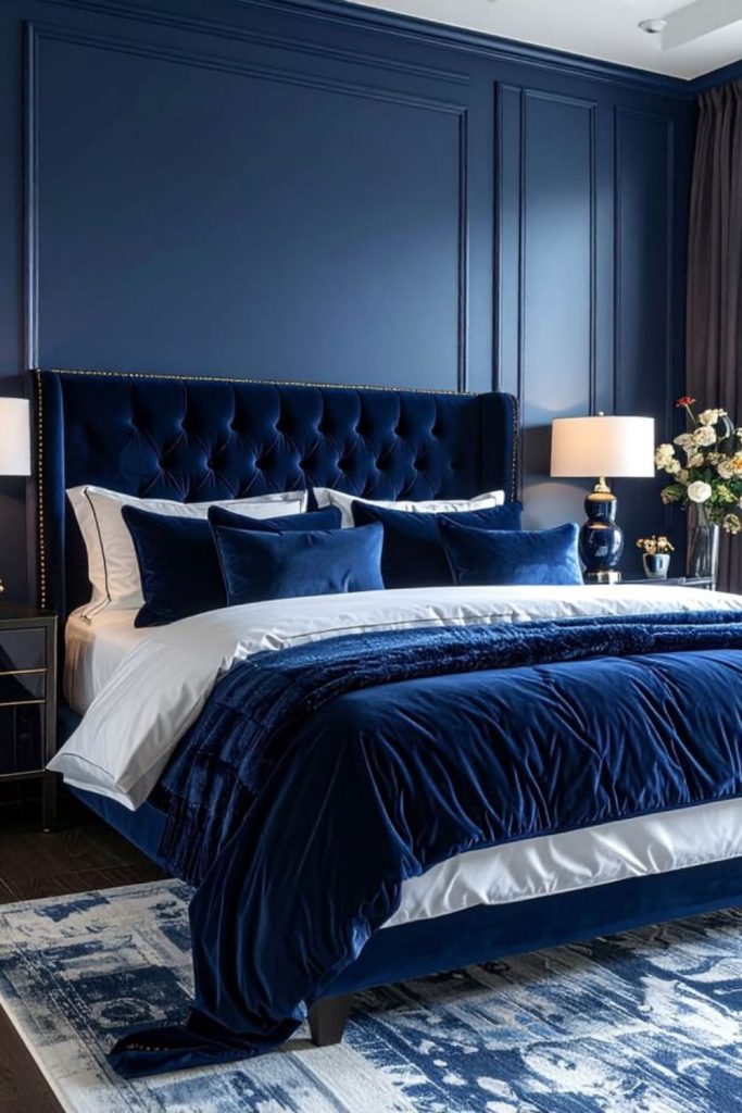 Sapphire blue luxury modern bedroom interior.