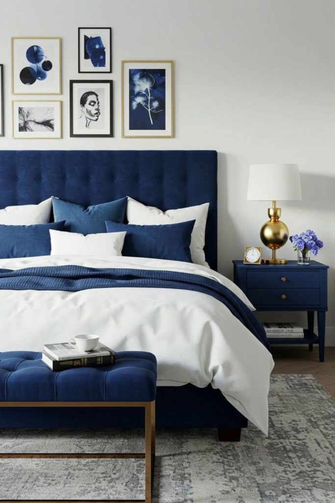 Sapphire velvet bedroom with gold décor.