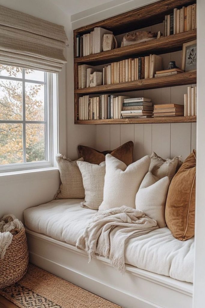 Scandinavian minimalist cozy book nook.
