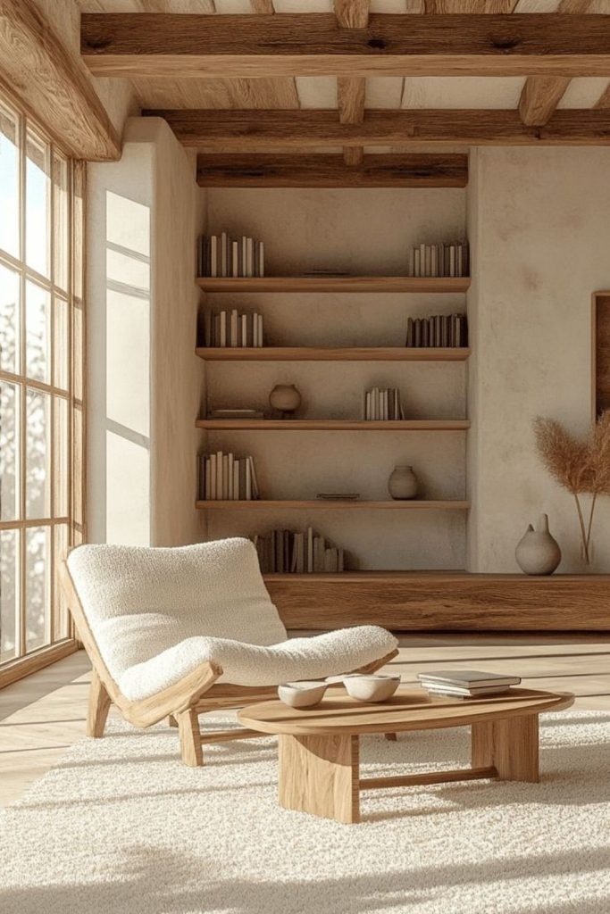 Scandinavian library with pale wooden shelves.